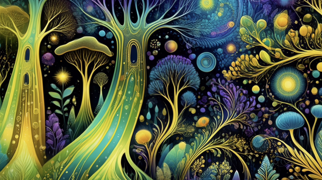 Psychedelic screensaver for shroom trips with glowing fractal forest and cosmic light patterns